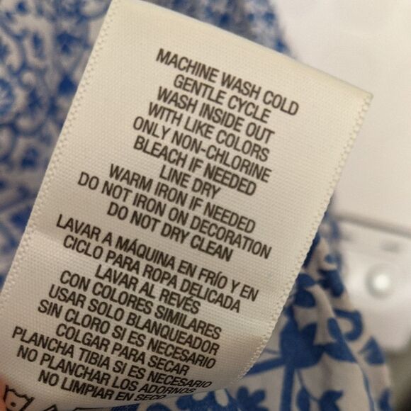 Basic Editions cotton plus size 3X blouse top geometric print blue/white beaded - Picture 6 of 8